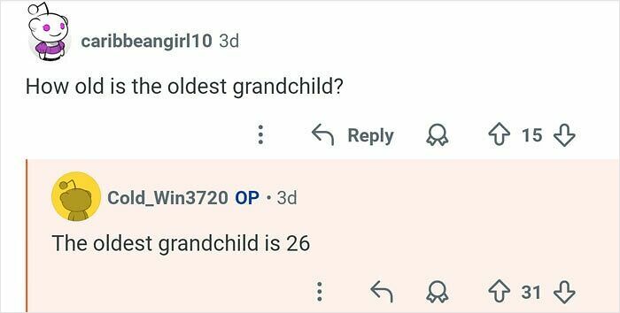 Reddit user discussing family details about a man who has 21 siblings, including the age of the oldest grandchild.