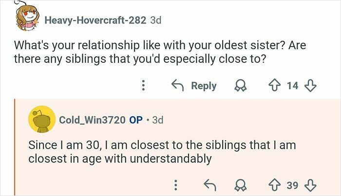Screenshot of a man with 21 siblings answering questions about his life and sibling relationships in an online discussion.
