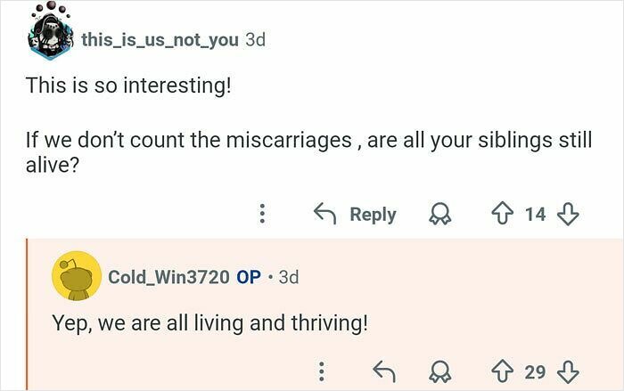 Reddit user with 21 siblings answers questions about his life and confirms all siblings are alive and thriving.