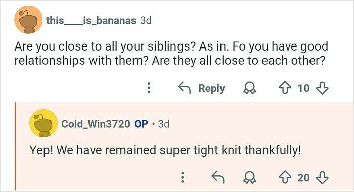 Screenshot of a conversation where a man who has 21 siblings describes their close, tight-knit relationships.