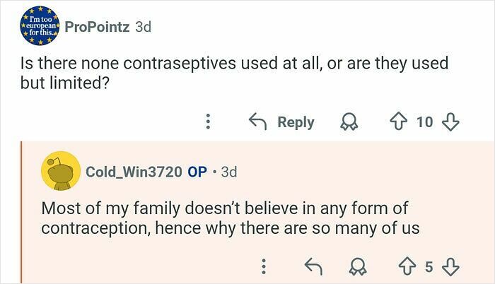 Reddit user answers questions about life with 21 siblings, explaining family views on contraception and large family size.