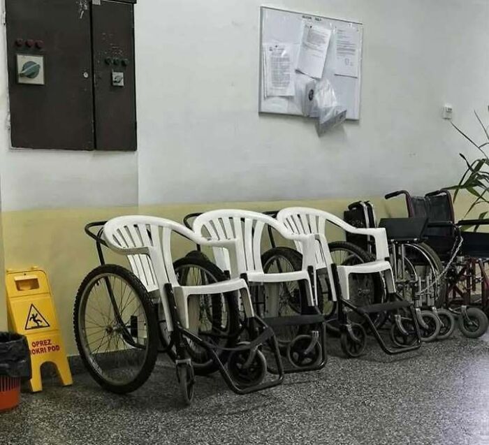 Wheelchairs with plastic chairs as seats lined up in a hallway, a funny and relatable Eastern Europe meme.
