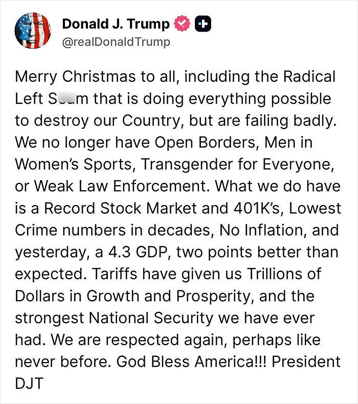 Alt text: Screenshot of Trump's Christmas Eve post sparking outrage with demented comments about bad Santa to kids on social media.