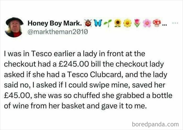 Tweet about saving money at Tesco checkout with humor, fitting hilarious food memes theme for dinner wait laughs.