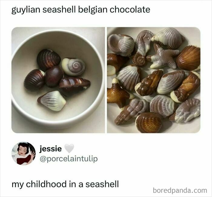 Assortment of Guylian seashell chocolates in a bowl, featured in hilarious food memes for dinner laughs.