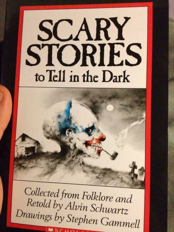 Cover of Scary Stories to Tell in the Dark book featuring eerie clown art, evoking 90s and 2000s nostalgia childhood memories.