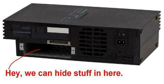 Black Sony PlayStation 2 console with hidden compartment for storing items, evoking 90s and 2000s nostalgia.
