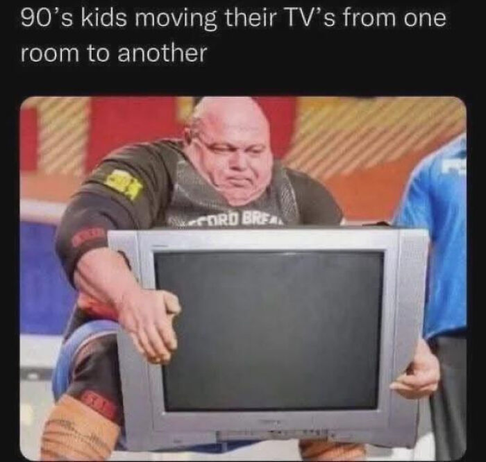 90s and 2000s nostalgia shown by a man struggling to carry a heavy old TV, reflecting childhood memories.