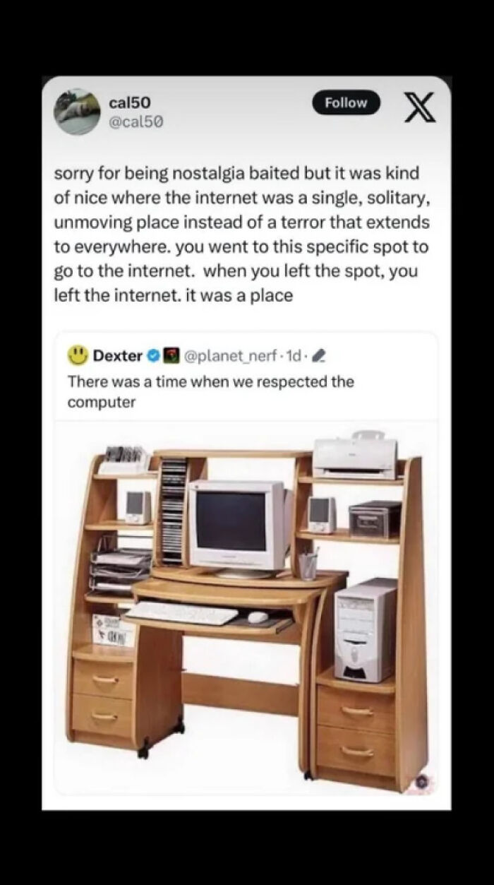 Social media post reflecting 90s and 2000s nostalgia with a vintage computer desk setup from childhood memories.