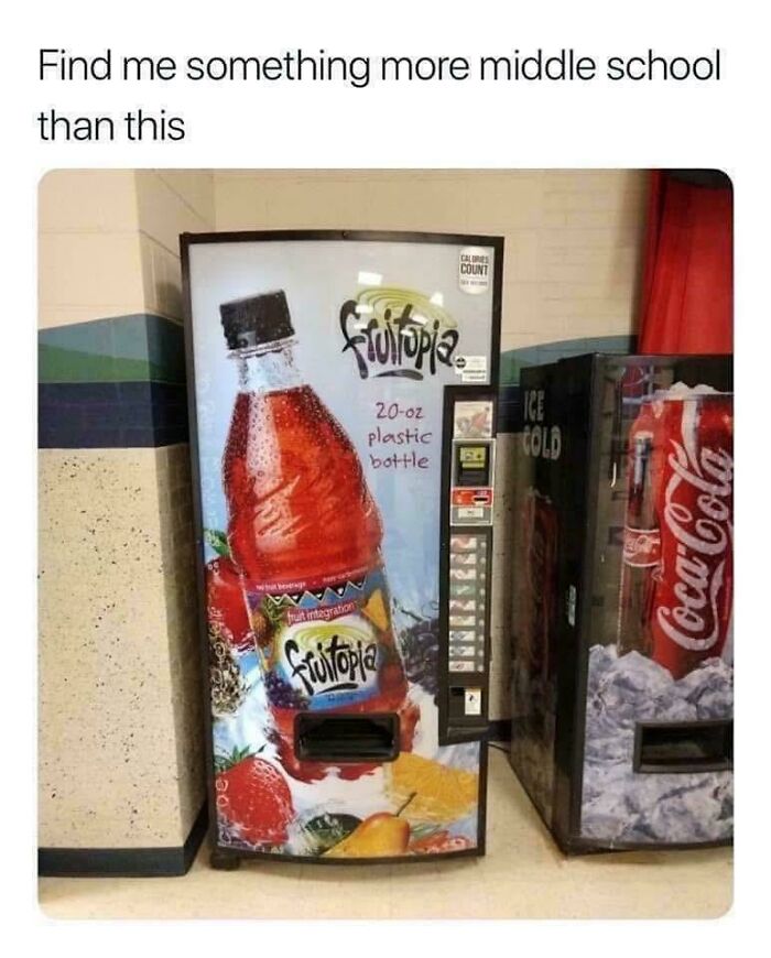 Vending machine featuring nostalgic Fruitopia and Coca-Cola designs from 90s and 2000s childhood memories.
