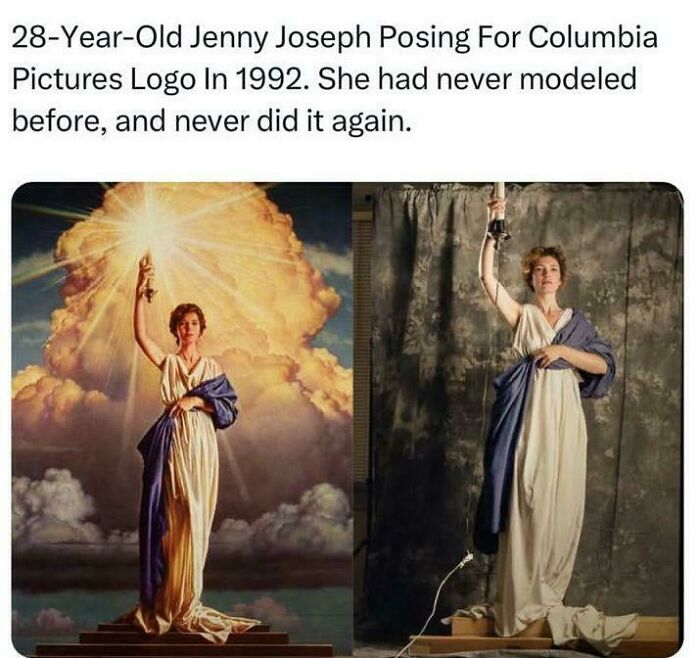 28-year-old Jenny Joseph posing for Columbia Pictures logo in 1992, a classic 90s and 2000s nostalgia childhood memory.