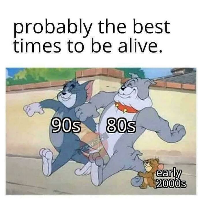 Tom, Spike, and Jerry walking confidently with labels representing 90s and 2000s nostalgia childhood memories.