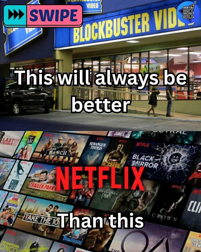 Blockbuster video store exterior contrasted with a Netflix streaming screen, evoking 90s and 2000s nostalgia.