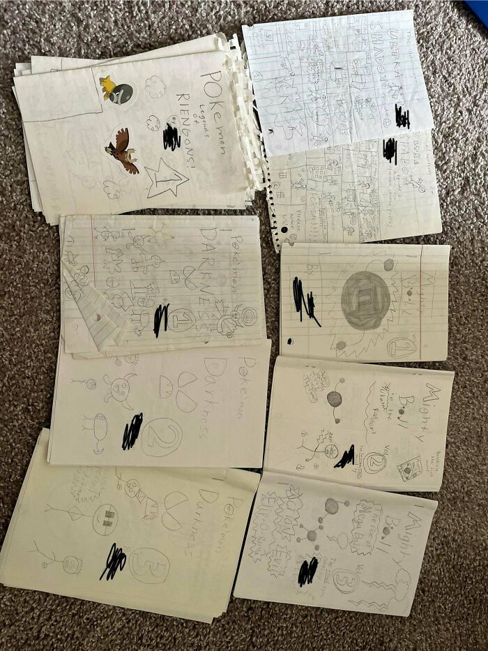 Hand-drawn 90s and 2000s nostalgia Pokémon and Mighty Boi childhood fan art sketches on lined paper.