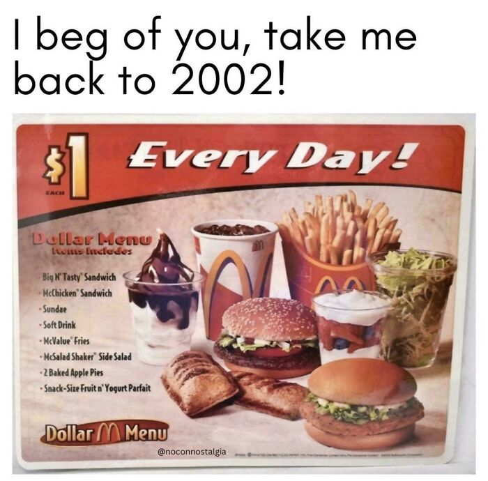 90s and 2000s nostalgia with McDonald's dollar menu items including burgers, fries, sundae, and apple pie from 2002.