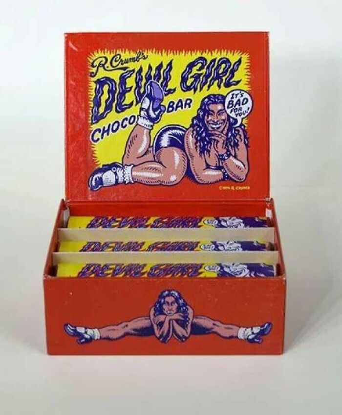 Vintage Devil Girl chocolate bar packaging with bold 90s and 2000s nostalgia design in bright red and yellow colors.