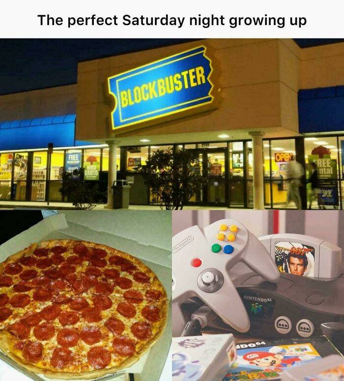 Blockbuster store, pepperoni pizza, and Nintendo 64 with controller showcasing 90s and 2000s nostalgia.