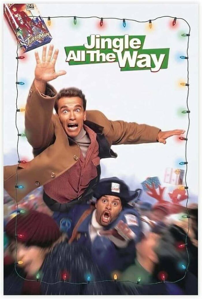 90s and 2000s nostalgia poster with characters in action, surrounded by colorful holiday lights and festive childhood memories.