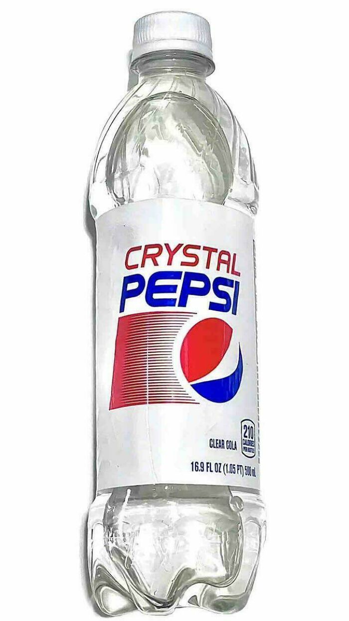 Plastic bottle of clear cola Crystal Pepsi, a popular 90s and 2000s nostalgia soda brand.