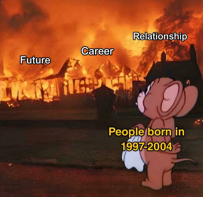 90s and 2000s nostalgia with cartoon character watching a burning house labeled future, career, and relationship challenges.