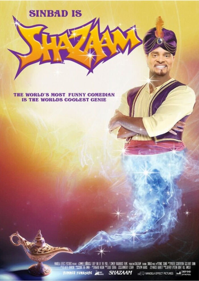 Sinbad as a genie rising from a magic lamp in 90s and 2000s nostalgia movie poster design.