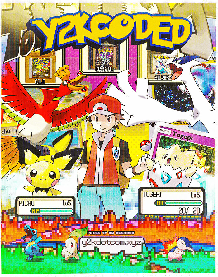 Colorful 90s and 2000s nostalgia featuring Pokemon characters, game screens, and pixelated retro gaming elements.
