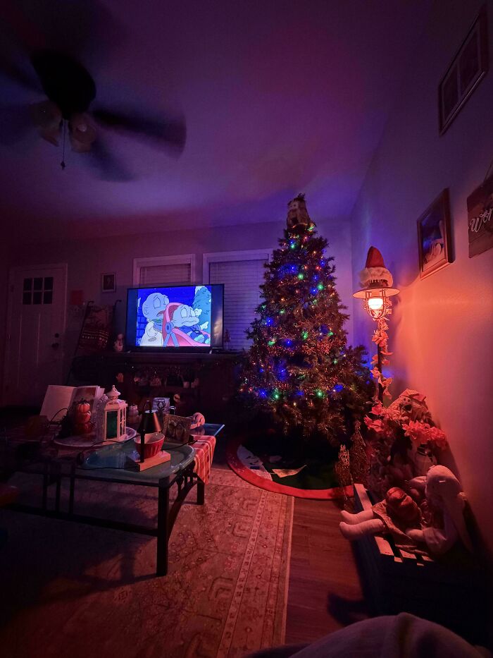 Cozy living room with a decorated Christmas tree and a TV playing a 90s and 2000s nostalgia cartoon show.