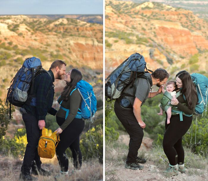 Couple hiking outdoors with backpacks, sharing sweet holiday moments with their baby in a scenic natural landscape.
