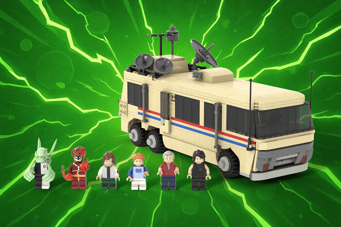 LEGO figures and a model of an RV against a green background evoking 90s and 2000s nostalgia.
