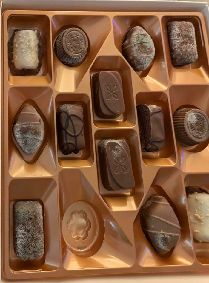 Box of bad secret Santa gifts showing chocolates with visible mold and discoloration inside plastic tray.