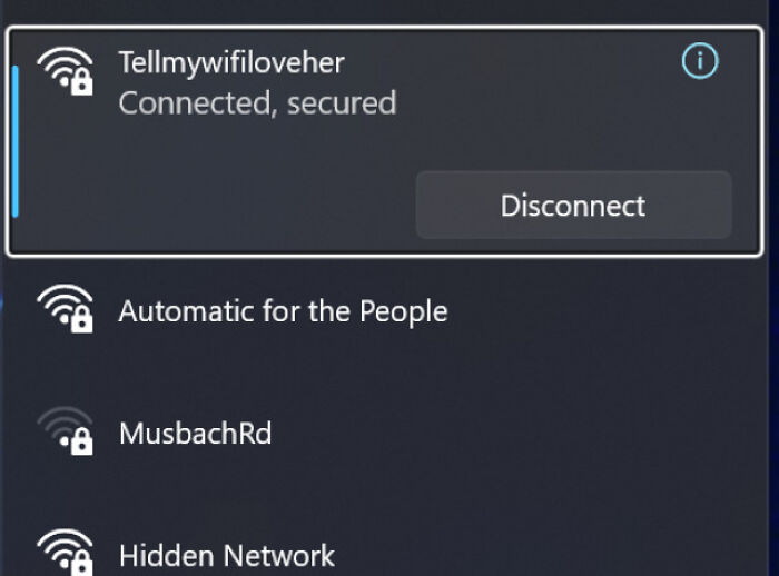 WiFi network list showing a secured connection to Tellmywifiloveher among other secured networks.