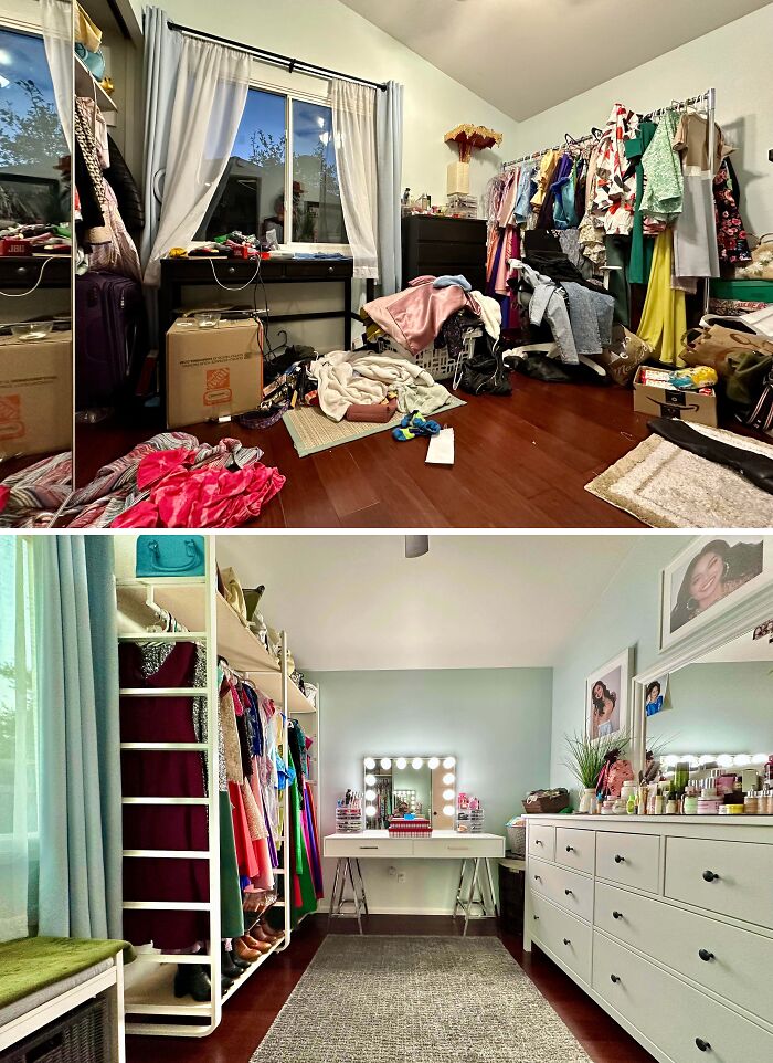 Holiday moments reflected in before and after closet makeover with organized clothes and tidy space.