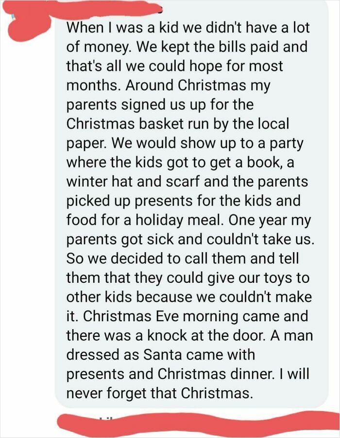 Heartwarming holiday moment of a Santa delivering presents and Christmas dinner to a family in need.