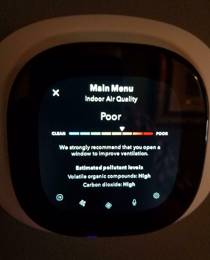 Indoor air quality monitor showing poor air quality with high pollutants, a funny picture capturing the weirdness of 2025.