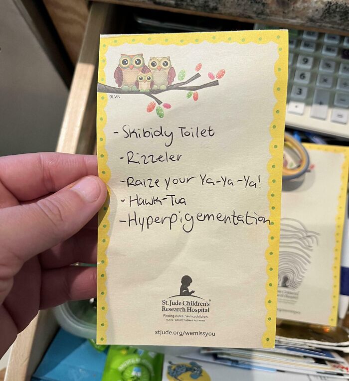 Handwritten quirky note on St. Jude Children’s Research Hospital paper, capturing weirdness in 2025 funny pictures.