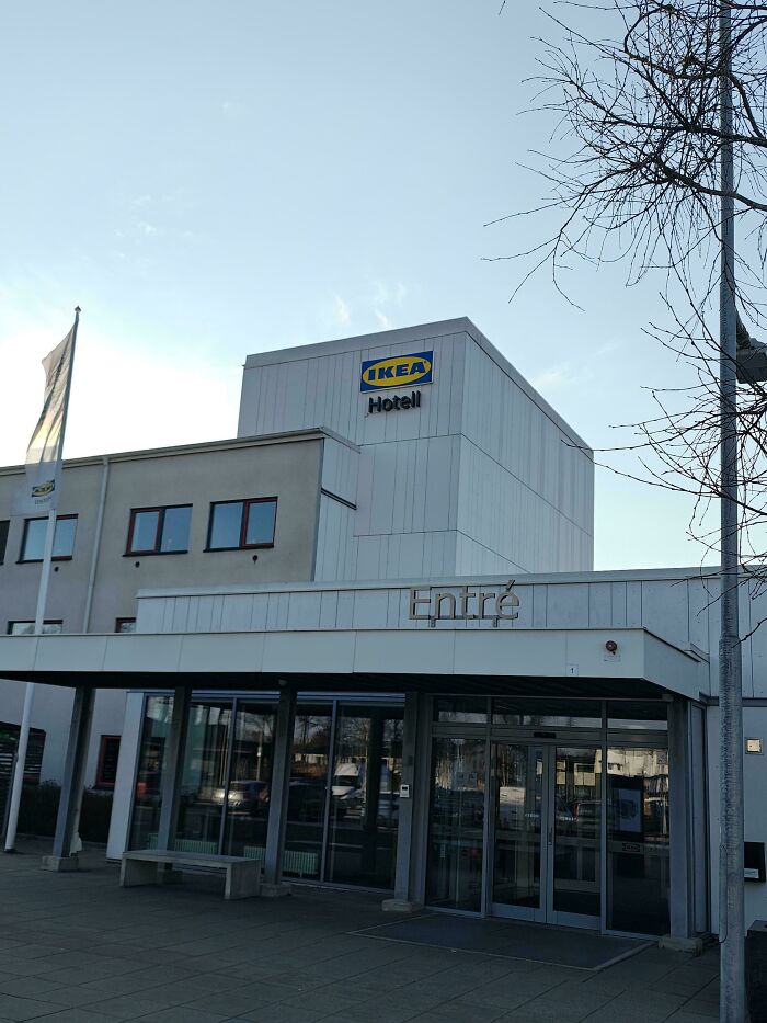 IKEA hotel exterior with entrance and flag, showcasing impressive things countries implemented that left people in awe