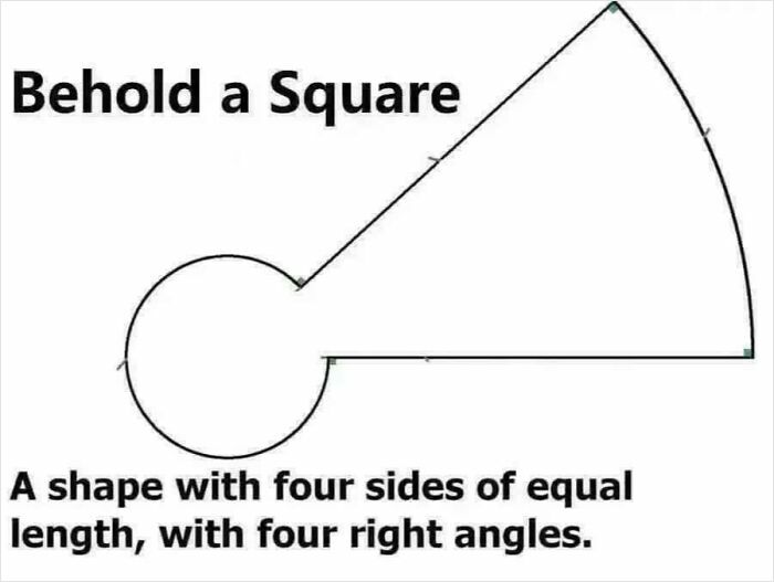 Diagram humorously illustrating an unusual shape described as a square in weird math problems solved by people.