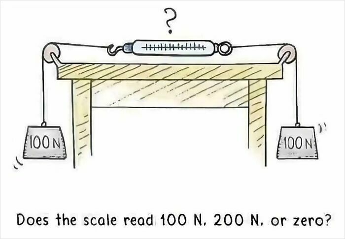 Weird math problem showing a scale with two 100 N weights and a question about the correct reading value.