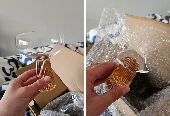 Broken glassware received as hilariously bad Secret Santa gifts, showing damage and bubble wrap packaging.