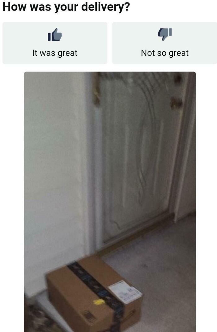 Package left outside a door with delivery feedback options, illustrating hilariously bad Secret Santa gifts received.