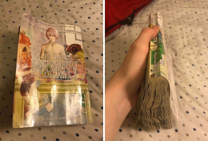 Hilariously bad Secret Santa gift showing a badly water-damaged manga book with warped and wrinkled pages.