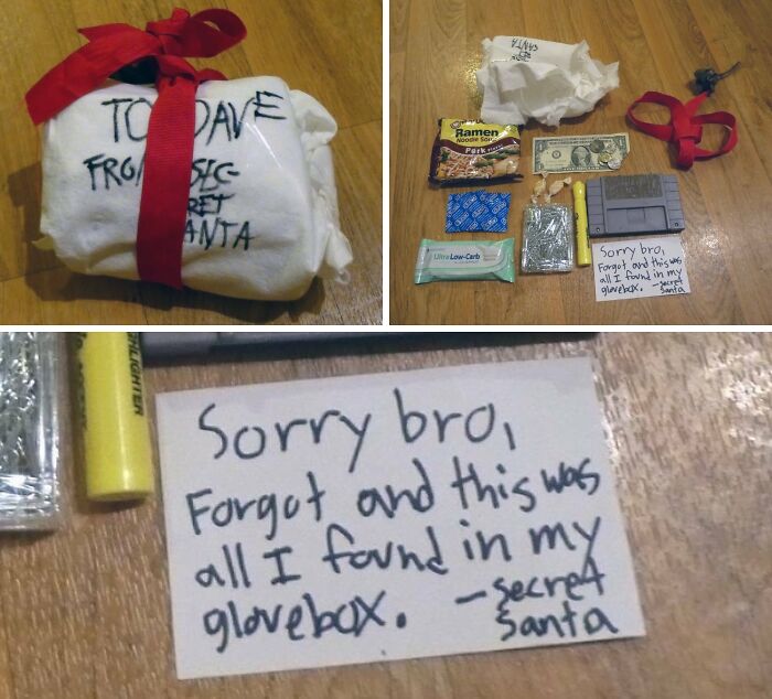Hilariously bad Secret Santa gift including random items and a note apologizing for the forgotten present found in a glovebox.