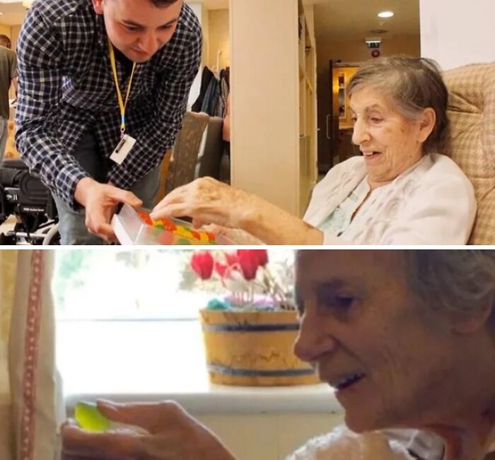 Elderly woman discovering a colorful puzzle with help, capturing an interesting moment to share on the internet.