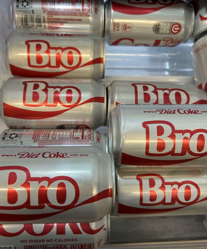 Cans of Diet Coke with the label edited to say Bro, a funny picture capturing the weirdness of 2025.