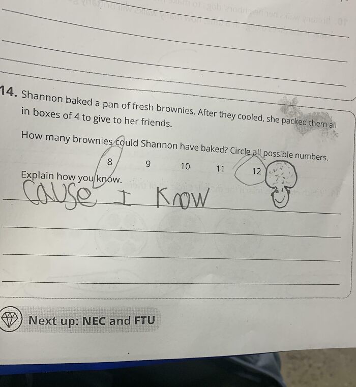 Funny picture of a math homework answer about brownies with a child’s handwritten response capturing the weirdness of 2025.