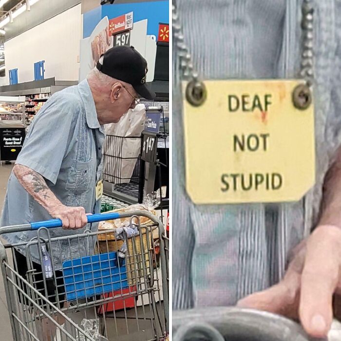 Elderly man with a sign reading deaf not stupid pushing a shopping cart in a store, funny pictures from 2025 capturing weirdness