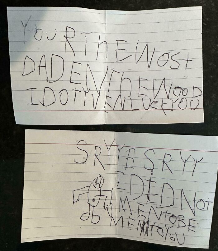 Child's handwritten notes with funny misspellings and a doodle, showcasing the weirdness captured in funny pictures from 2025.