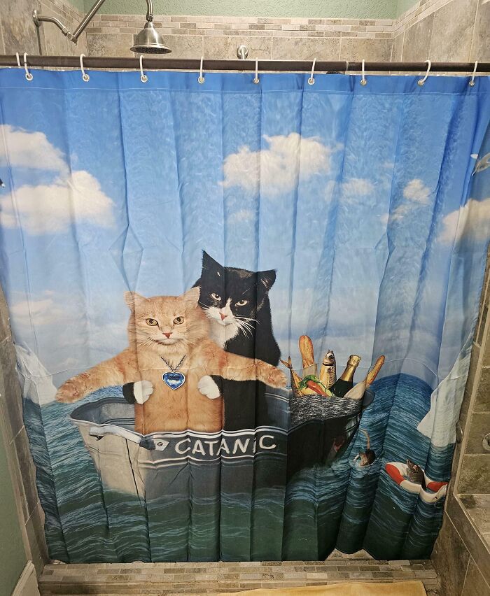 Shower curtain featuring funny cats reenacting Titanic scene, capturing the weirdness and humor in 2025 funny pictures.