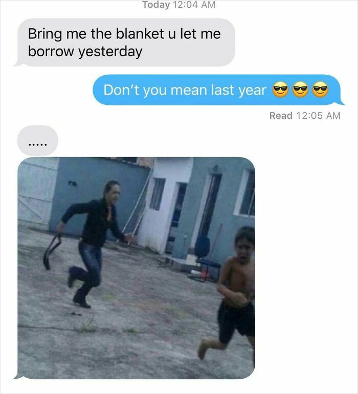 Text message exchange showing sibling humor with a photo of a sibling chasing another, illustrating fun sibling moments.