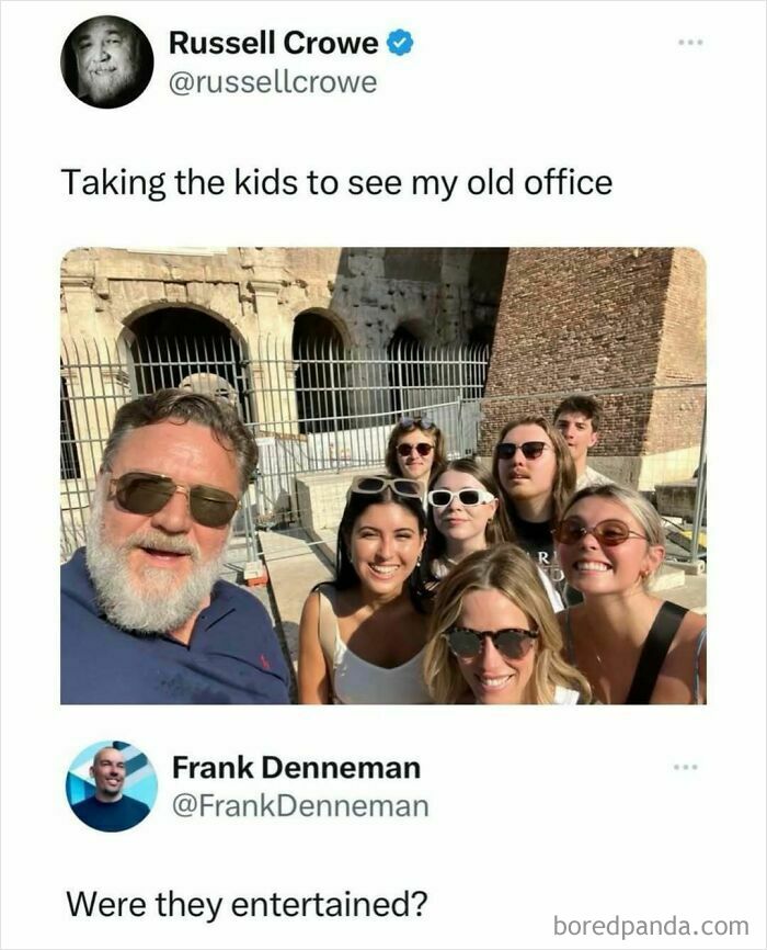 Russell Crowe and family outside Colosseum in Rome, a funny dad jokes post from a dedicated dad jokes account.